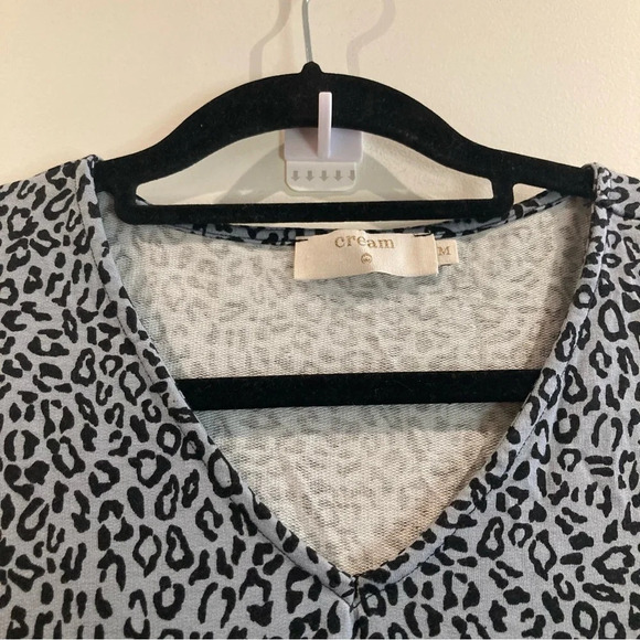 CREAM Sz M Leopard Print Pockets  V-Neck Slits Ruched Sleeves Evening Gown Dress - Picture 2 of 9